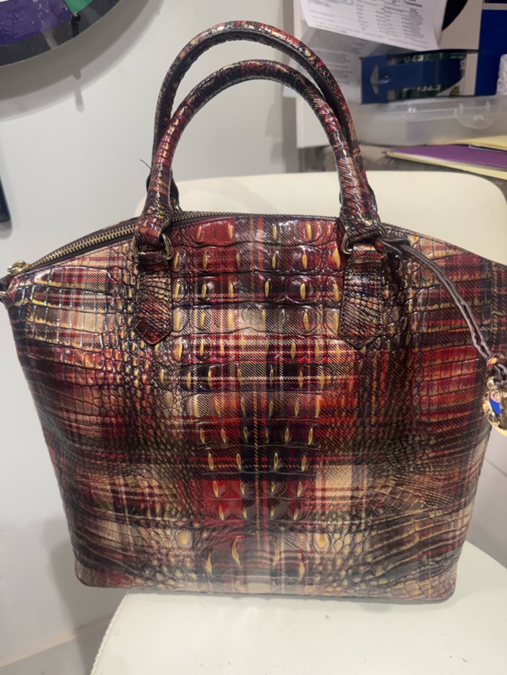 Brahmin flannel Red Plaid Textured Satchel